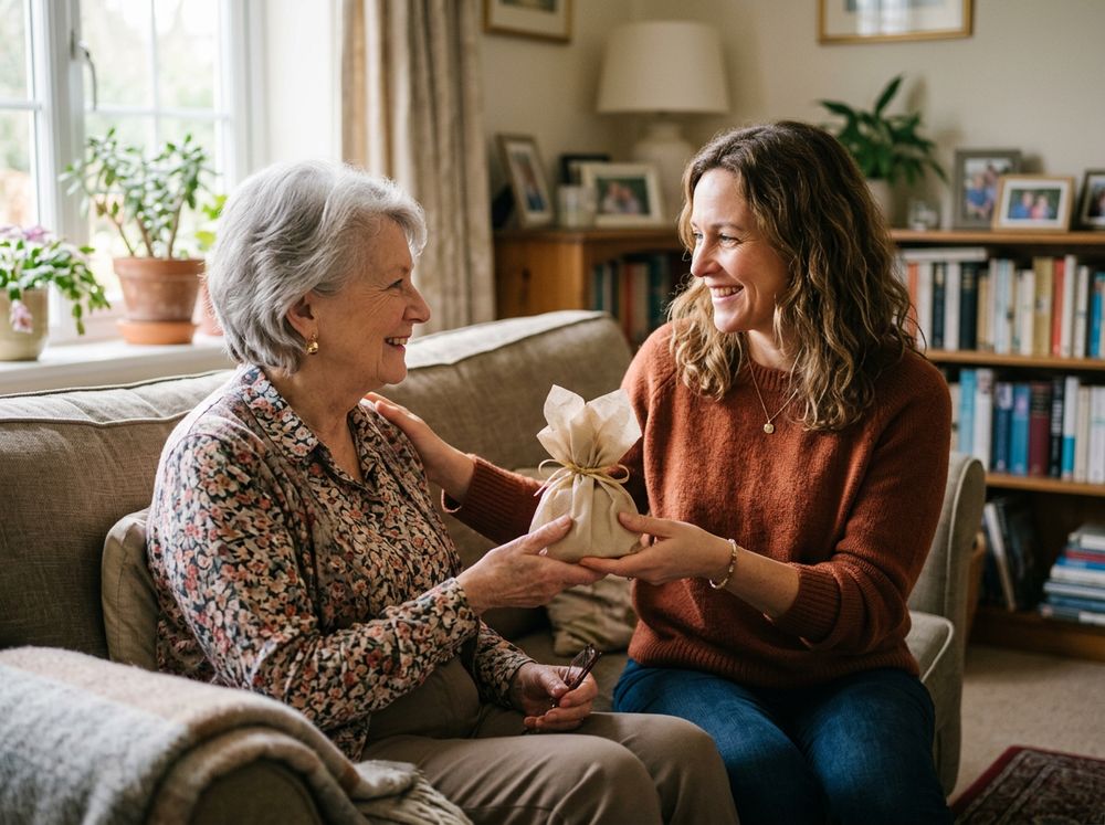 An adult daughter handing her smiling mother a small wrapped gift