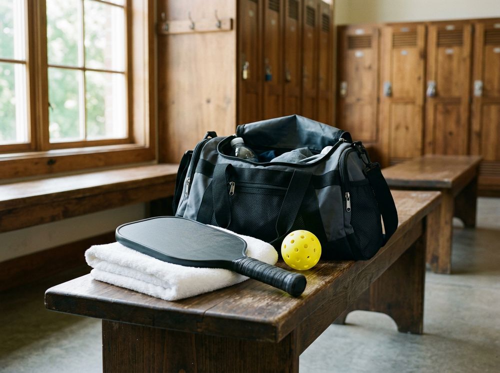 A locker-room bench with a duffel bag, pickleball paddle and towel