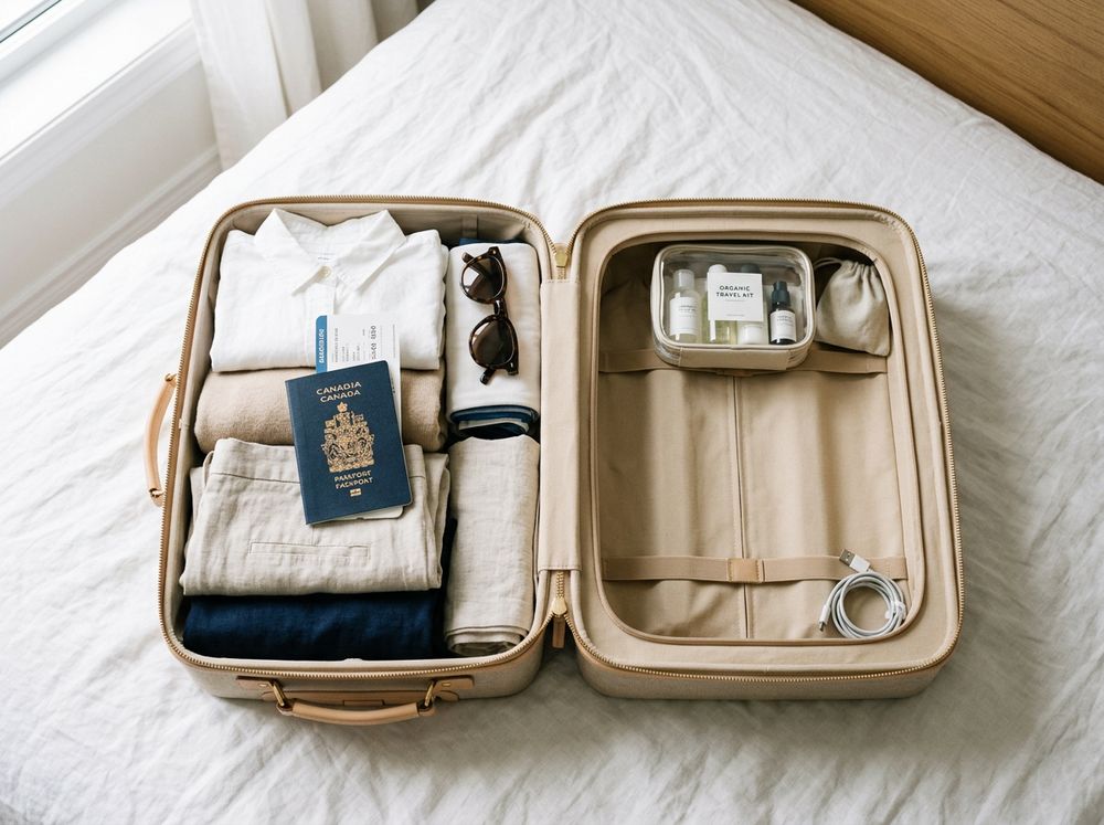 An open carry-on suitcase packed for a trip