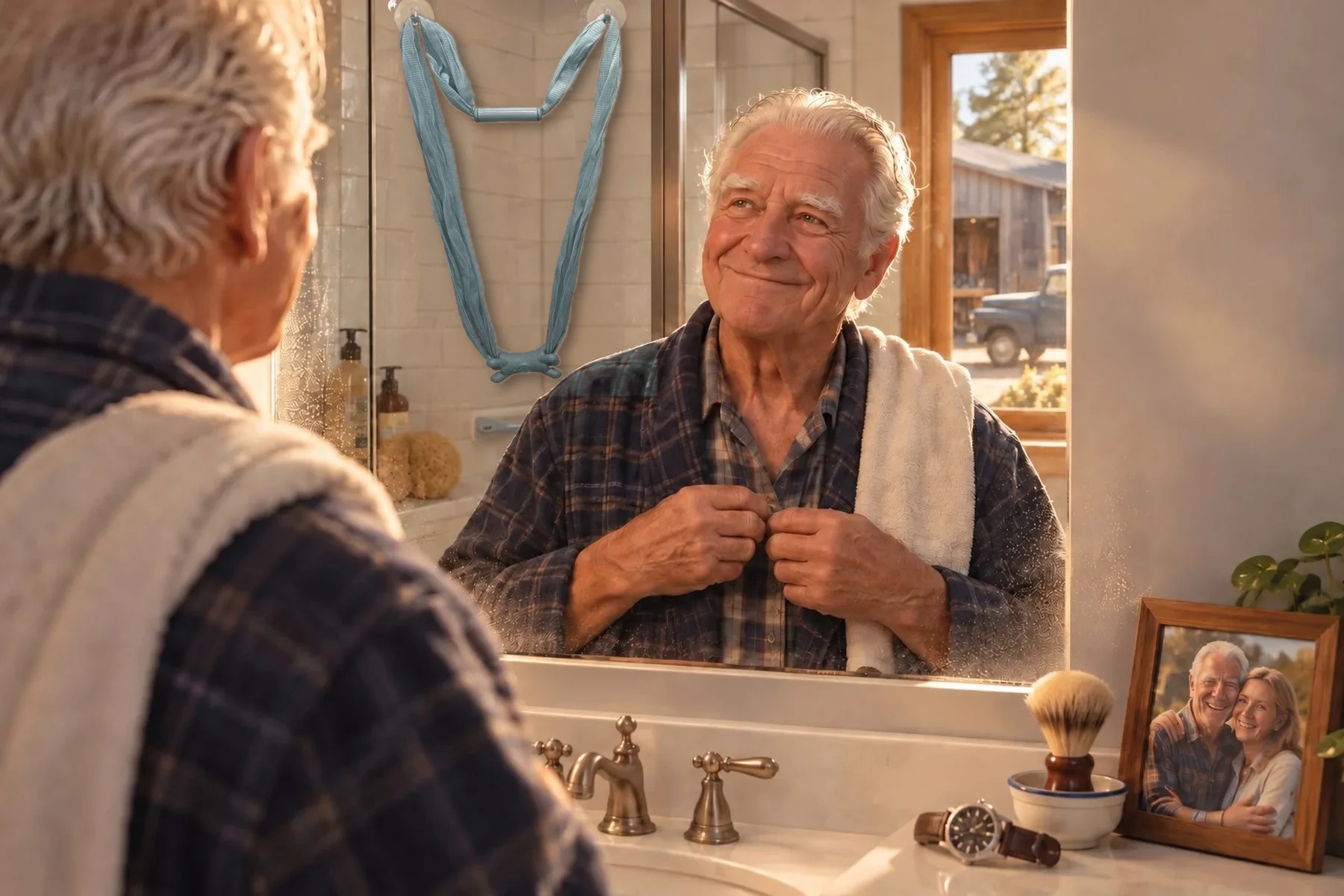 Walt, 79, grinning at his reflection while buttoning his shirt, a Sea Salt Blue Fähloo hanging extended on two suction hooks in the shower behind him