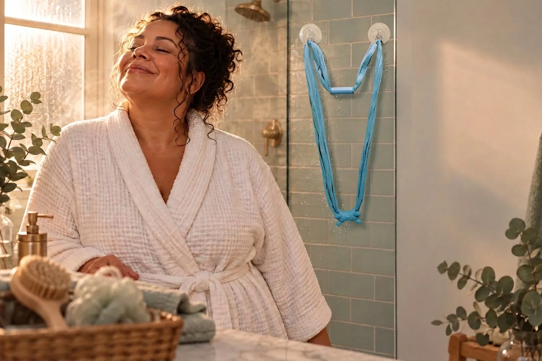 Denise smiling with eyes closed in a white waffle robe after a warm shower, a Sea Salt Blue Fähloo hanging extended on two clear suction hooks on the tile behind her