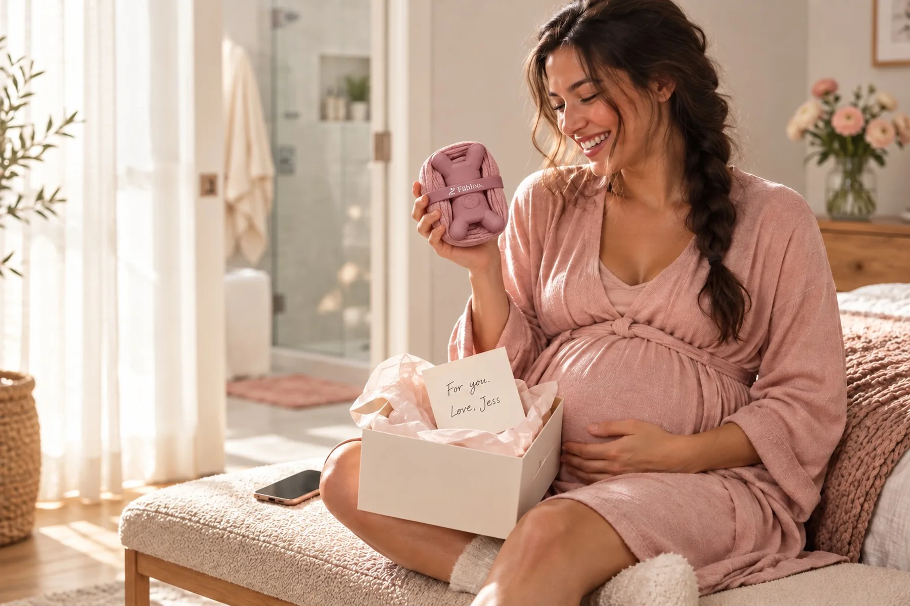 Maya, expecting her first, smiling as she lifts a compact Desert Rose Fähloo out of a gift box with a card from her sister