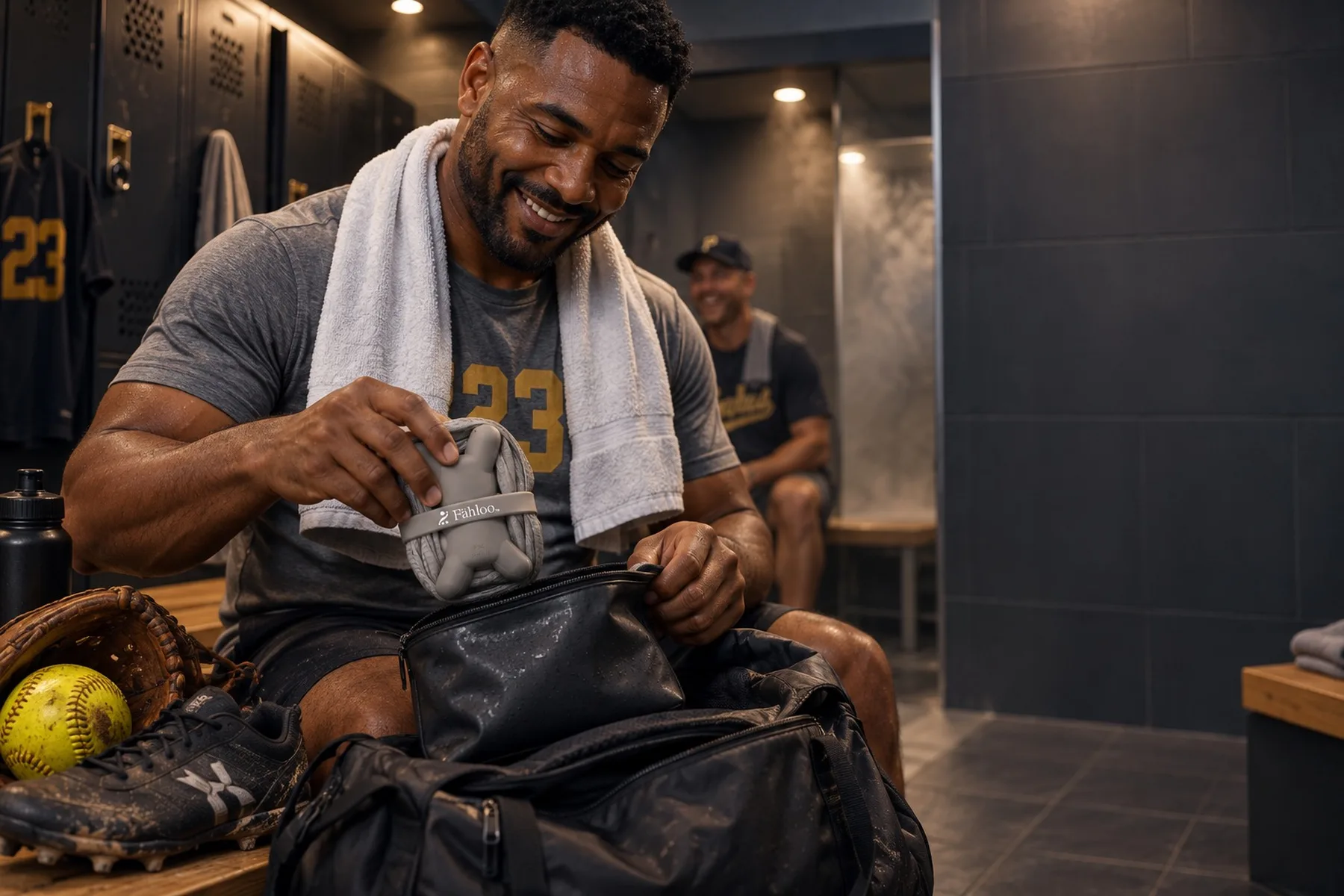 Marcus grinning in a locker room after a softball game, packing a compact Pebble Grey Fähloo into its travel bag