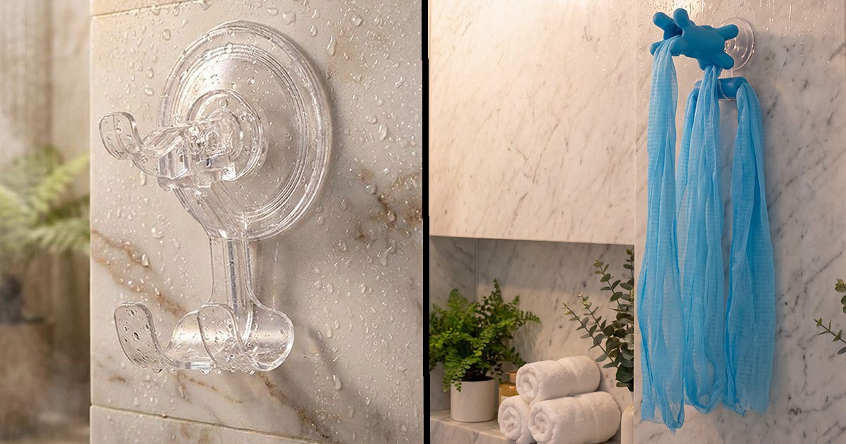 Left: the clear Shower Valet locking suction hook on a wet marble shower wall. Right: a blue Fähloo hanging open from it to dry
